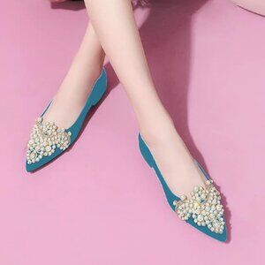 Elegant Teal Pearl-Embellished Women's Flats